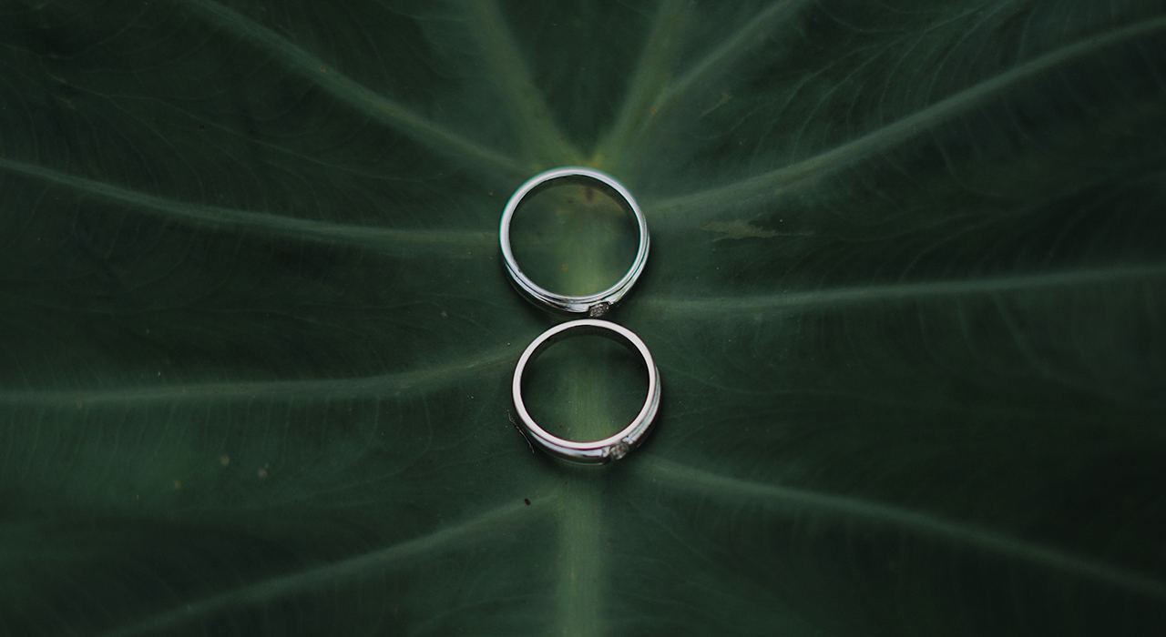 大きな葉の上に置いた二つの指輪